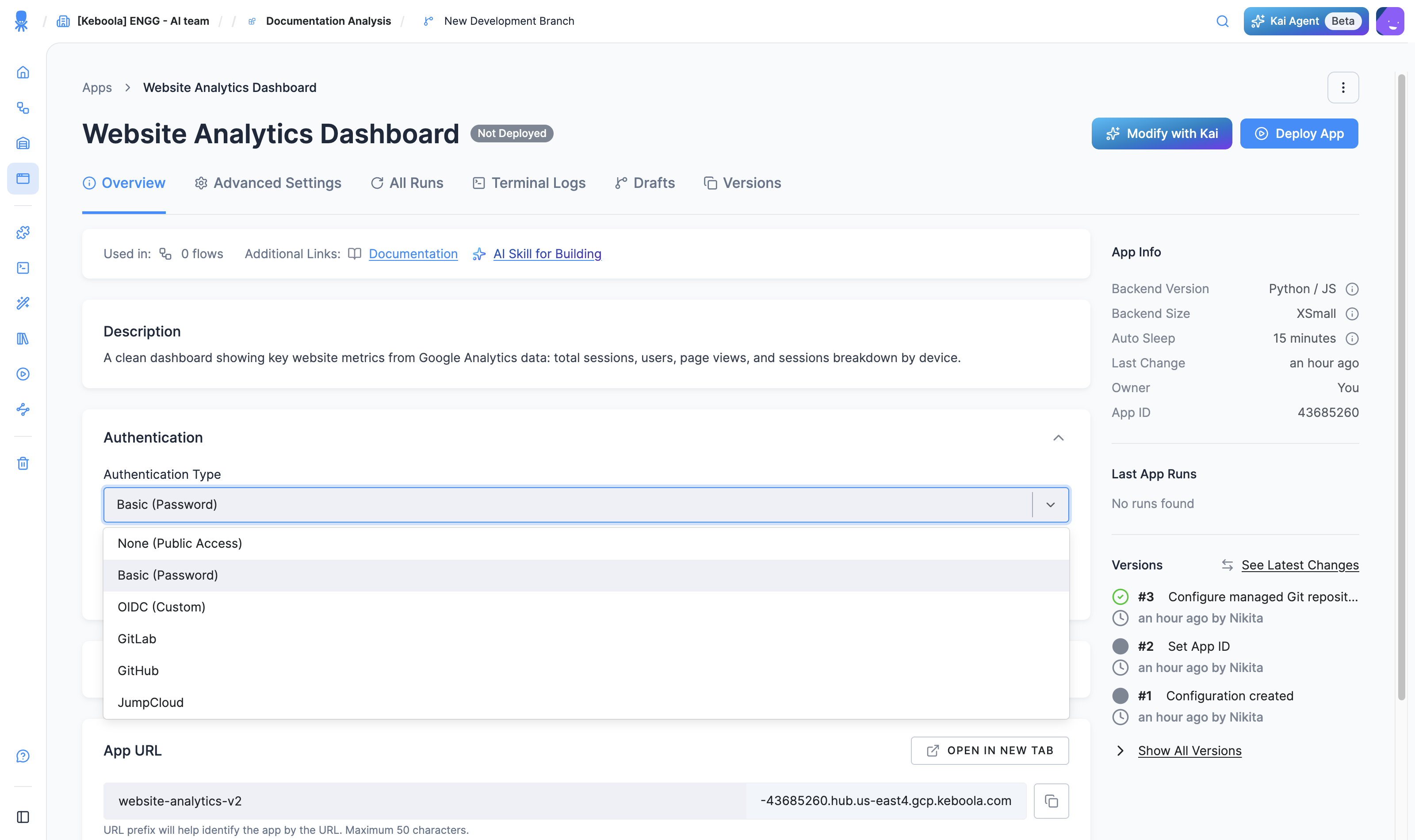 The Authentication Type dropdown in an app's configuration, listing None, Basic, OIDC, GitLab, GitHub, and JumpCloud