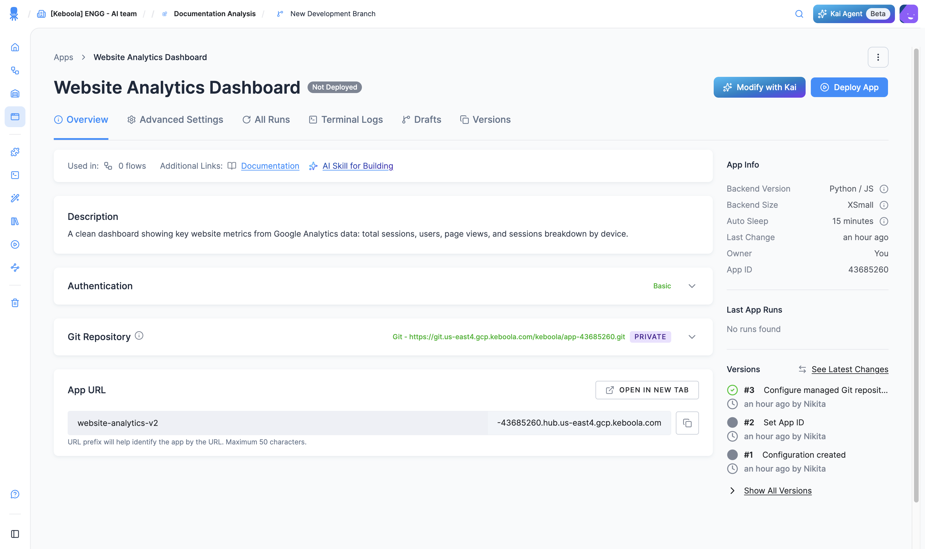 The app's configuration page: the Overview tab with Authentication and Code Source (Git Repository or Code), plus the App Info panel showing backend version, size, auto-sleep, and App ID