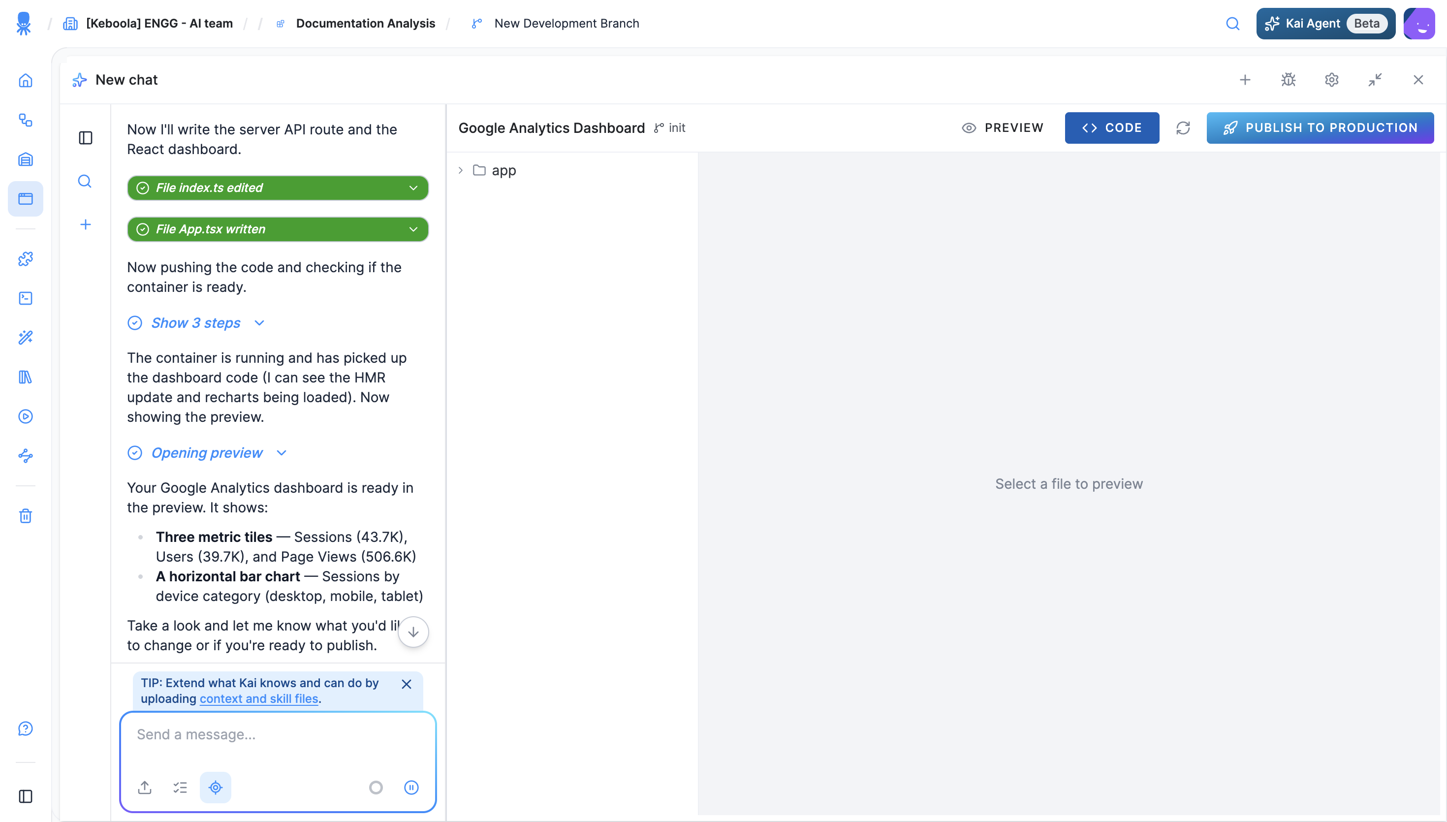 Kai building the dashboard: the chat reports each file written and the container starting, next to the Code view of the draft's files