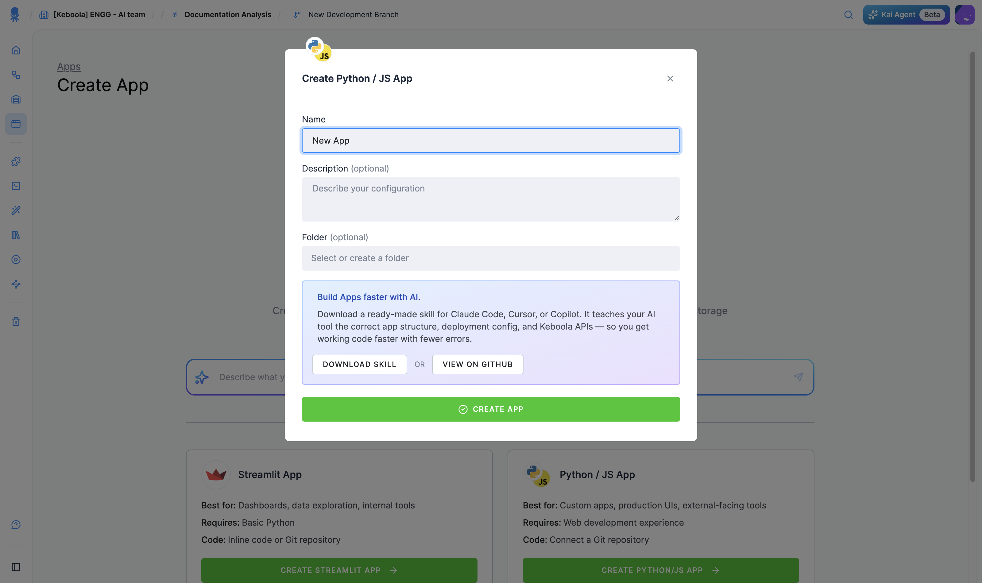The Create Python / JS App dialog, with a "Build Apps faster with AI" panel offering Download Skill and View on GitHub